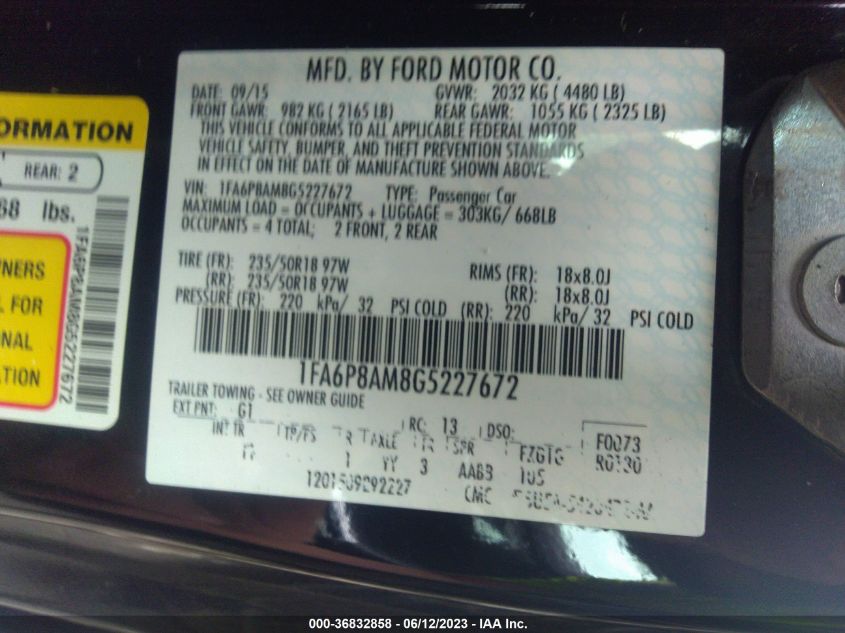 1FA6P8AM8G5227672 2016 FORD MUSTANG, photo no. 9