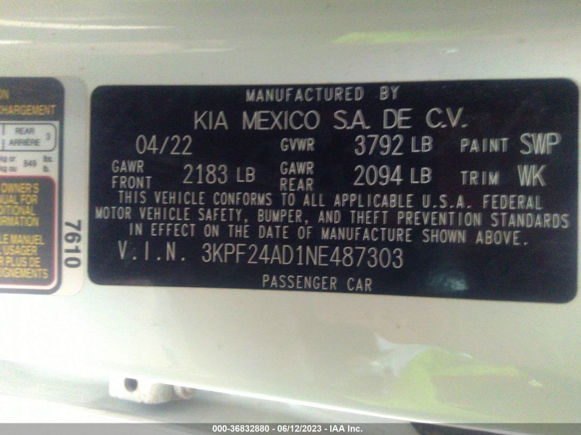 2022 KIA FORTE LXS - 3KPF24AD1NE487303
