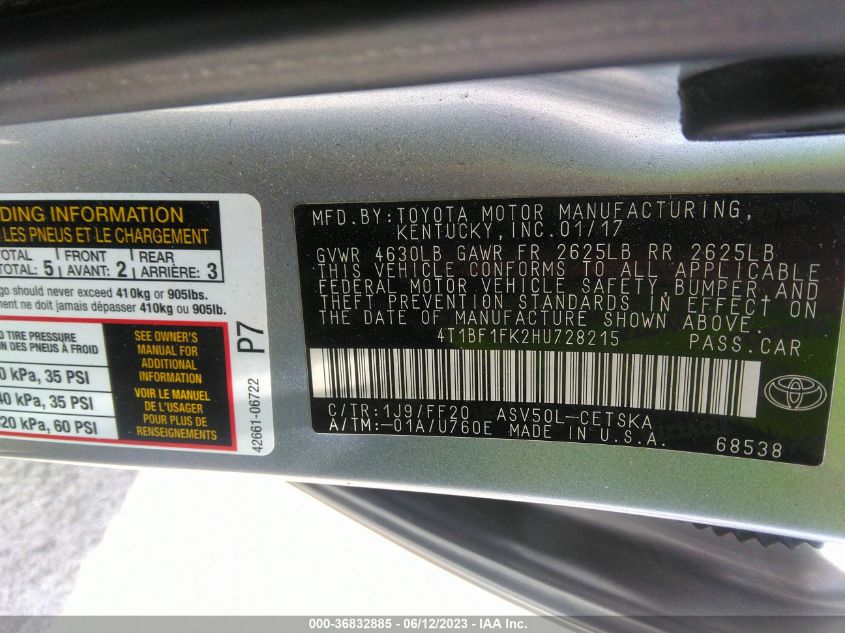 2017 TOYOTA CAMRY XLE/SE/LE/XSE - 4T1BF1FK2HU728215