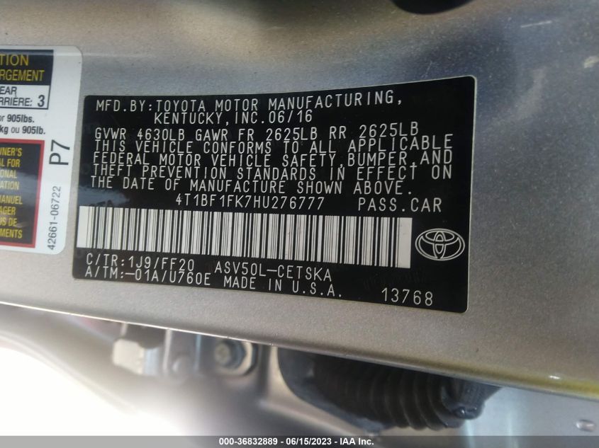 2017 TOYOTA CAMRY XLE/SE/LE/XSE - 4T1BF1FK7HU276777