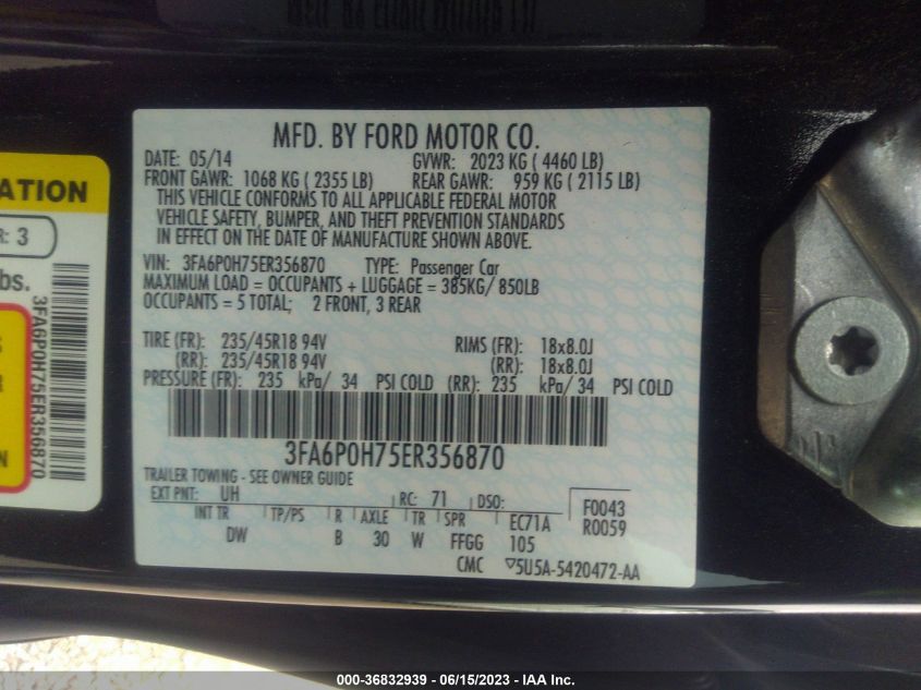 2014 FORD FUSION SE - 3FA6P0H75ER356870