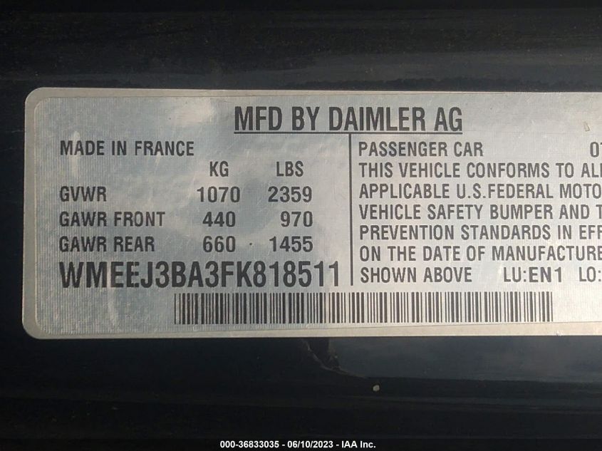 2015 SMART FORTWO PASSION/PURE - WMEEJ3BA3FK818511