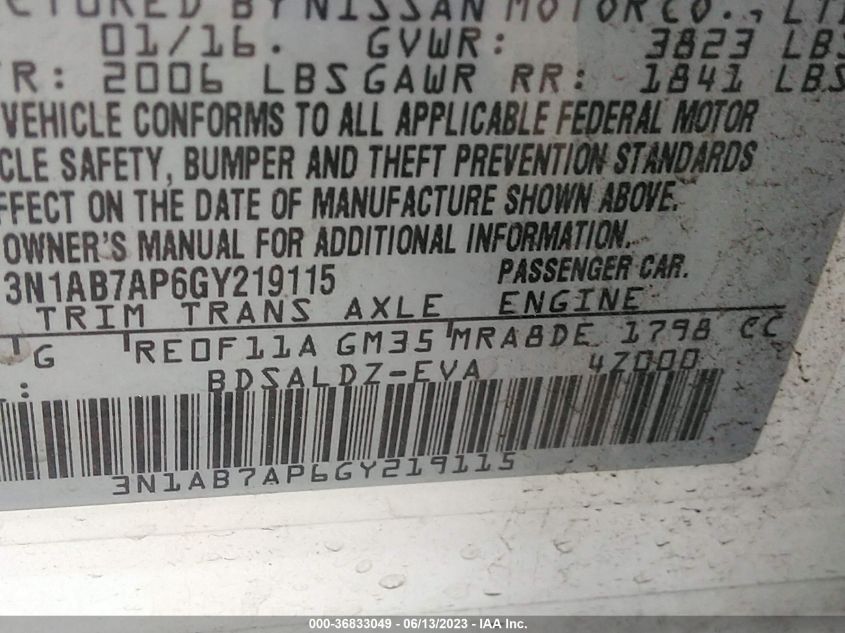 2016 NISSAN SENTRA S/SV/SR/SL - 3N1AB7AP6GY219115