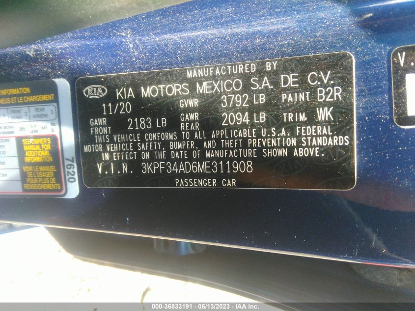 2021 KIA FORTE GT-LINE - 3KPF34AD6ME311908