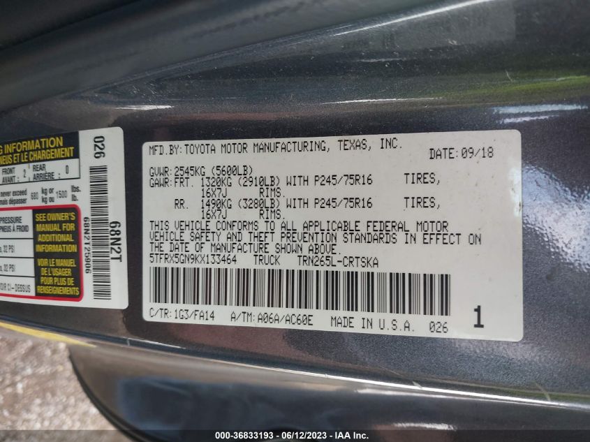 2019 TOYOTA TACOMA 2WD SR/SR5 - 5TFRX5GN9KX133464