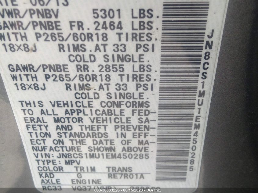 2014 INFINITI QX70 JN8CS1MU1EM450285