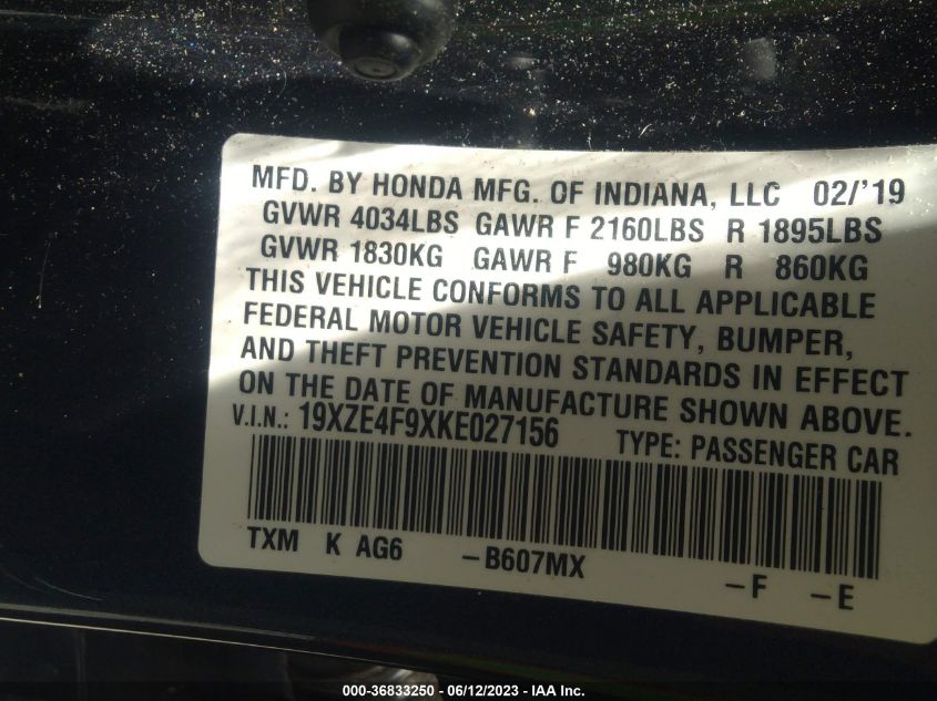 2019 HONDA INSIGHT TOURING - 19XZE4F9XKE027156
