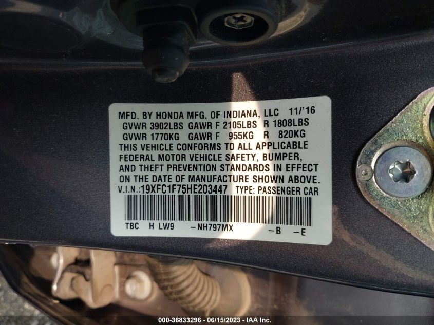 2017 HONDA CIVIC SEDAN EX-L - 19XFC1F75HE203447