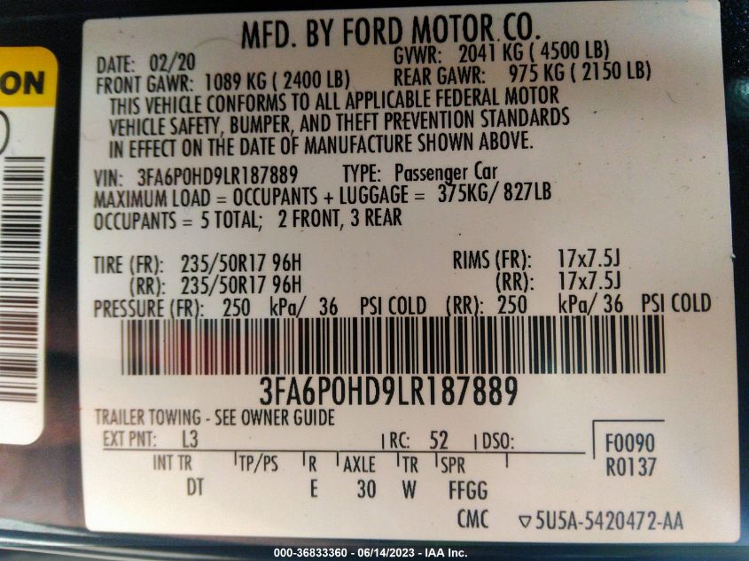 3FA6P0HD9LR187889 Ford Fusion SE 9