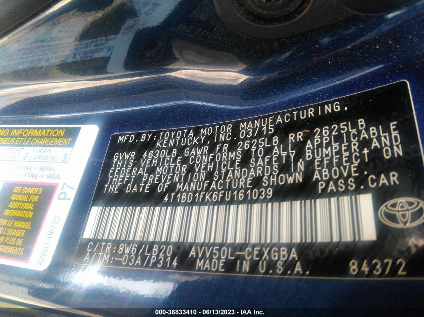 2015 TOYOTA CAMRY HYBRID LE/XLE/SE - 4T1BD1FK6FU161039
