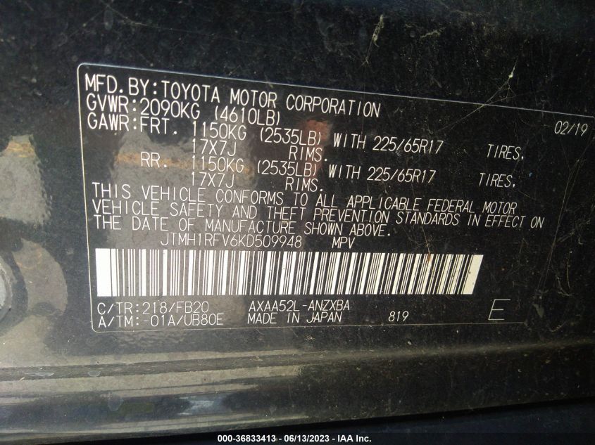 2019 TOYOTA RAV4 LE - JTMH1RFV6KD509948