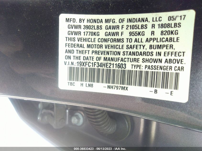 2017 HONDA CIVIC SEDAN EX-T - 19XFC1F34HE211603