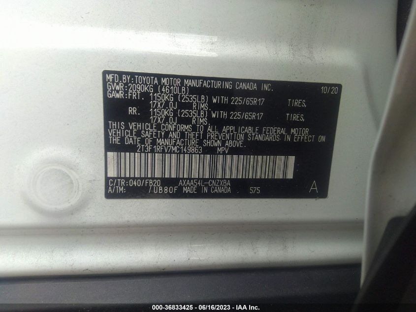 2021 TOYOTA RAV4 LE - 2T3F1RFV7MC149863