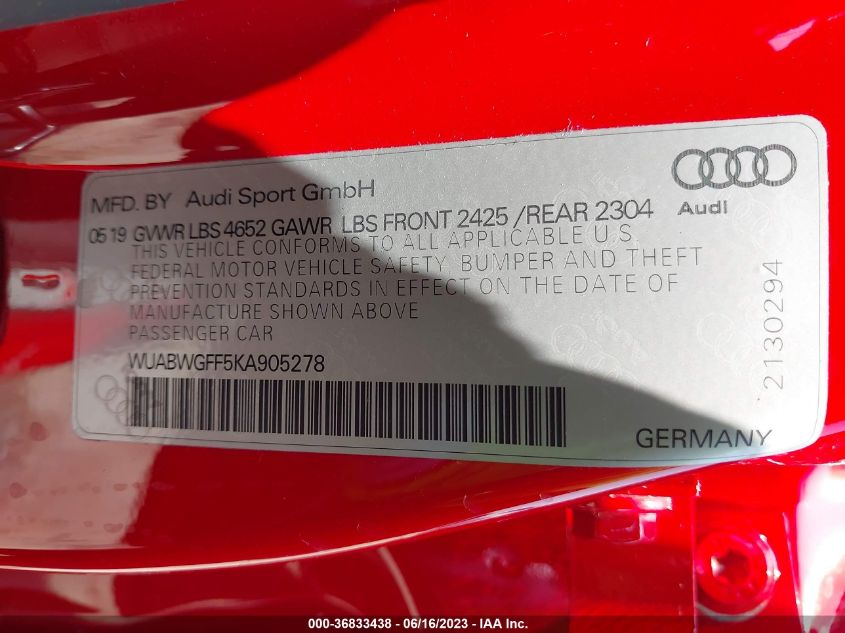 2019 AUDI RS 3 - WUABWGFF5KA905278