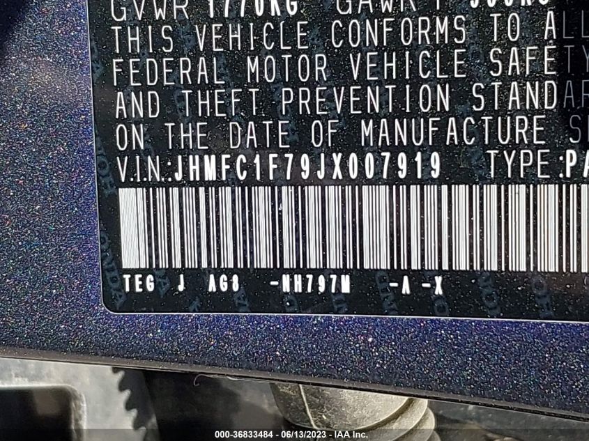 2018 HONDA CIVIC SEDAN EX-L - JHMFC1F79JX007919