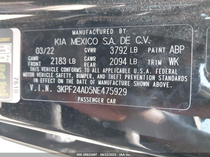 2022 KIA FORTE LXS - 3KPF24AD5NE475929