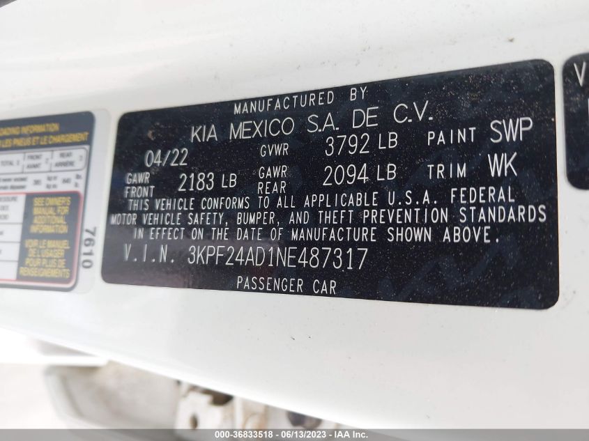 2022 KIA FORTE FE/LXS - 3KPF24AD1NE487317