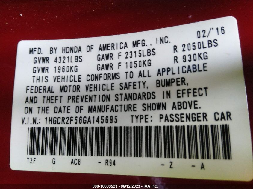 2016 HONDA ACCORD SEDAN SPORT - 1HGCR2F56GA145695