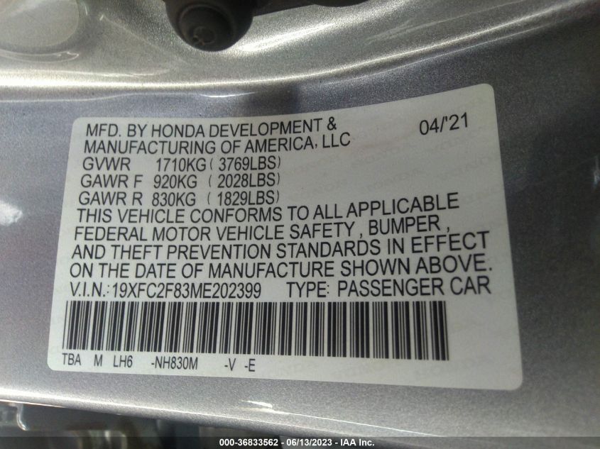 2021 HONDA CIVIC SPORT - 19XFC2F83ME202399