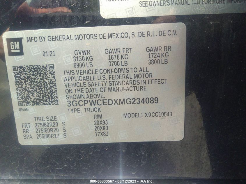 2021 CHEVROLET SILVERADO 1500 LT - 3GCPWCEDXMG234089