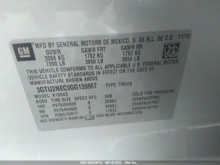 2016 GMC SIERRA 1500 SLT - 3GTU2NEC9GG139867
