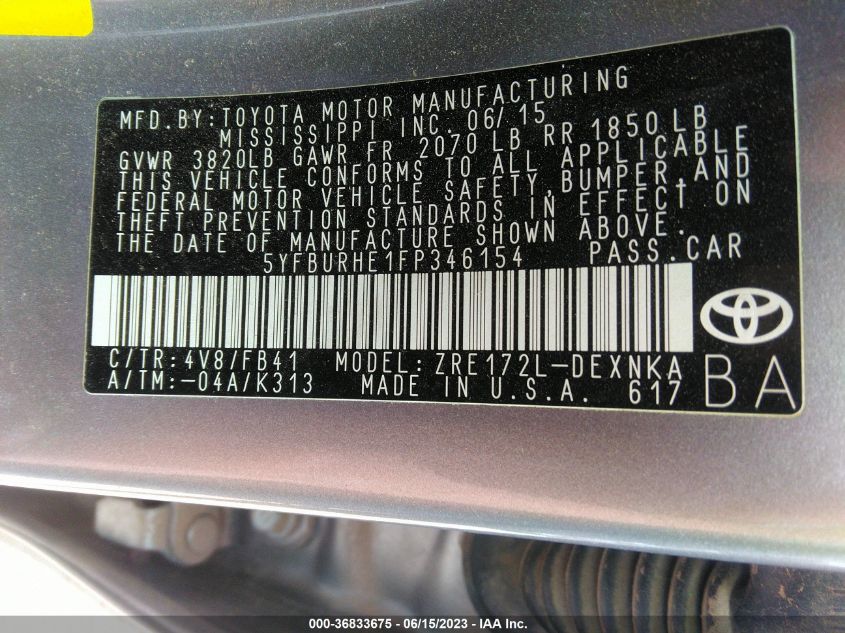 2015 TOYOTA COROLLA L/LE/S/S PLUS/LE PLUS - 5YFBURHE1FP346154