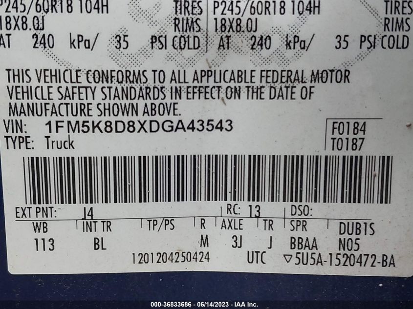2013 FORD EXPLORER XLT - 1FM5K8D8XDGA43543