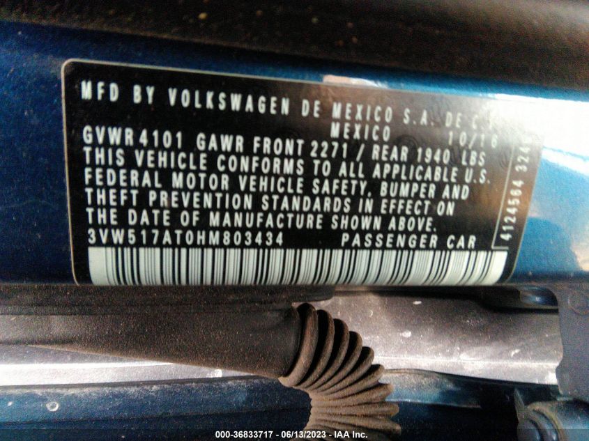 2017 VOLKSWAGEN BEETLE CONVERTIBLE 1.8T S/1.8T SE 3VW517AT0HM803434