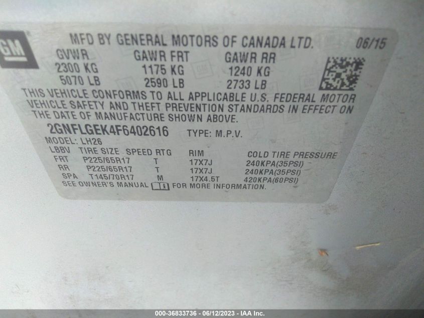 2015 CHEVROLET EQUINOX LT - 2GNFLGEK4F6402616