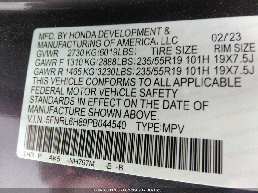 2023 HONDA ODYSSEY TOURING - 5FNRL6H89PB044540