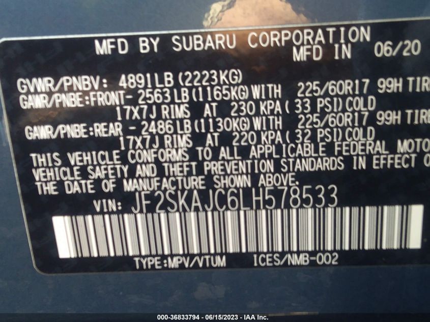 2020 SUBARU FORESTER PREMIUM - JF2SKAJC6LH578533