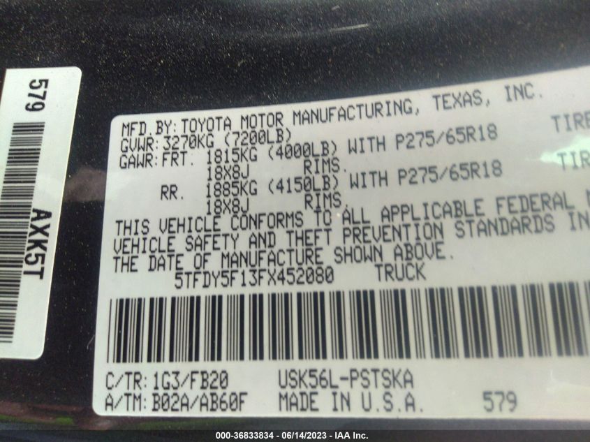 2015 TOYOTA TUNDRA 4WD TRUCK SR5/TRD PRO - 5TFDY5F13FX452080