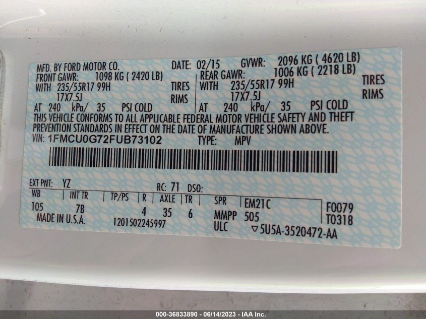 2015 FORD ESCAPE SE - 1FMCU0G72FUB73102