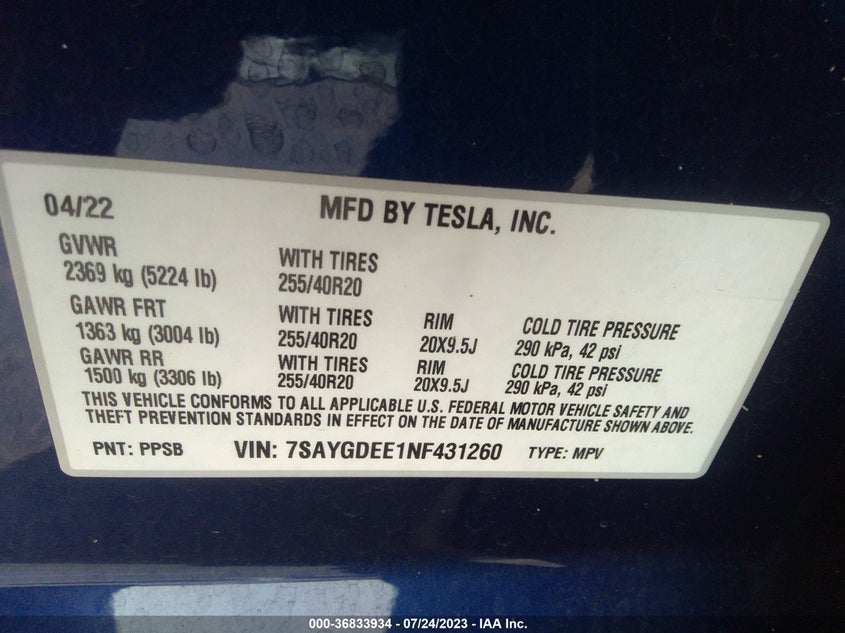VIN 7SAYGDEE1NF431260 2022 TESLA MODEL Y LONG RANGE