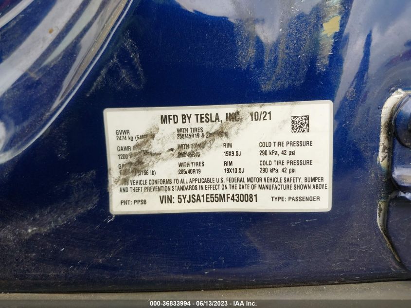 2021 TESLA MODEL S LONG RANGE - 5YJSA1E55MF430081
