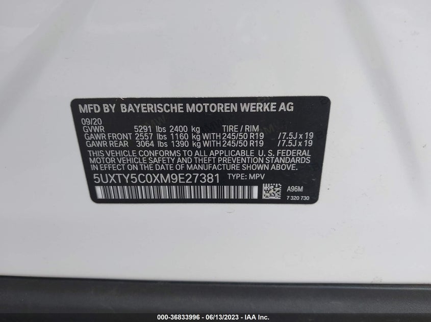 VIN 5UXTY5C0XM9E27381 2021 BMW X3 XDRIVE30I