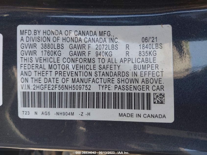 2022 HONDA CIVIC SEDAN SPORT - 2HGFE2F56NH509752