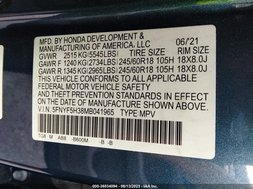 VIN 5FNYF5H38MB041965 2021 HONDA PILOT EX