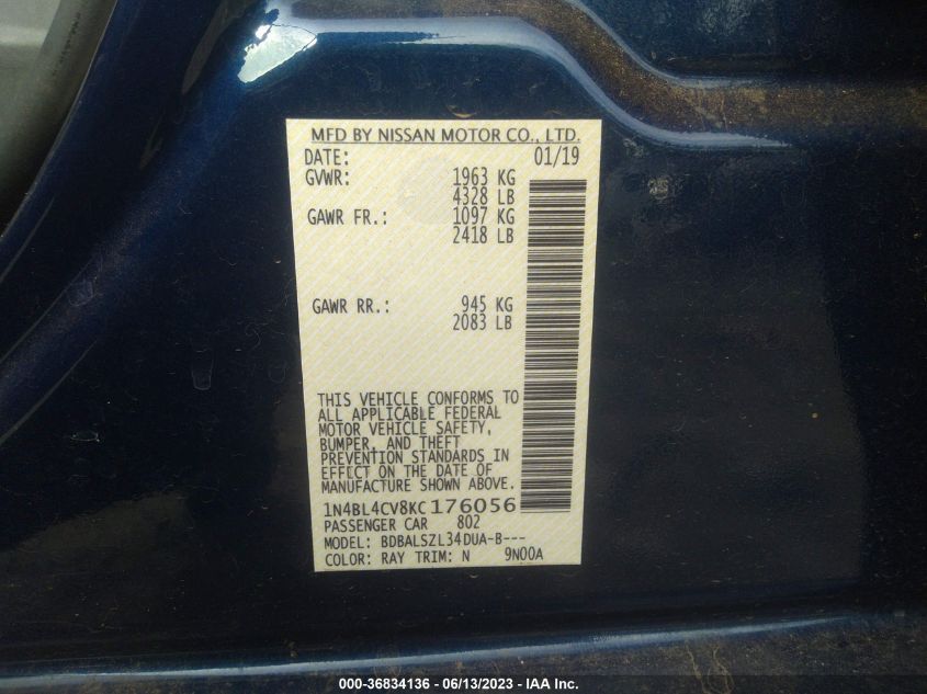 2019 NISSAN ALTIMA SR - 1N4BL4CV8KC176056