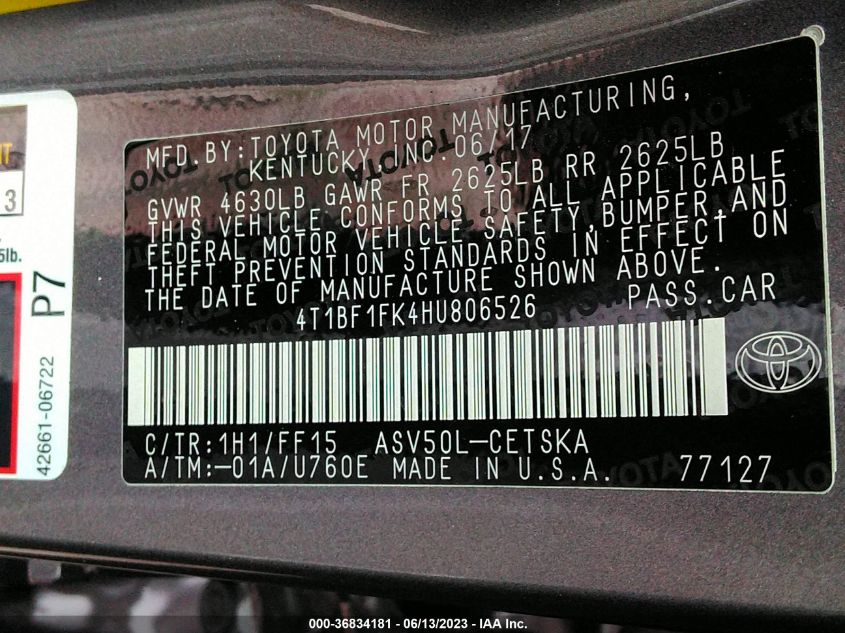 2017 TOYOTA CAMRY XLE/SE/LE/XSE - 4T1BF1FK4HU806526