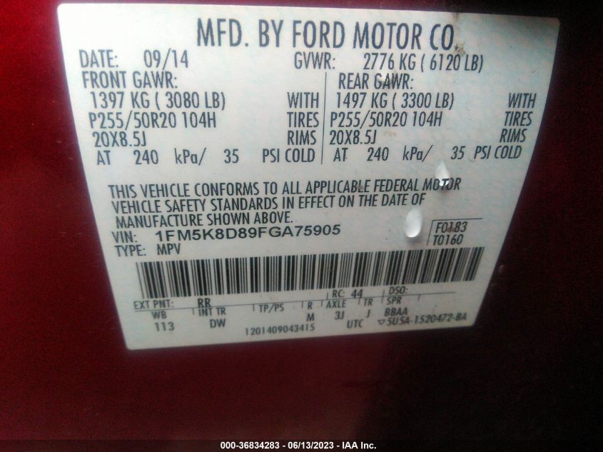 2015 FORD EXPLORER XLT - 1FM5K8D89FGA75905