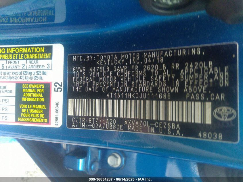 2018 TOYOTA CAMRY LE/SE/XLE/L - 4T1B11HK0JU111686