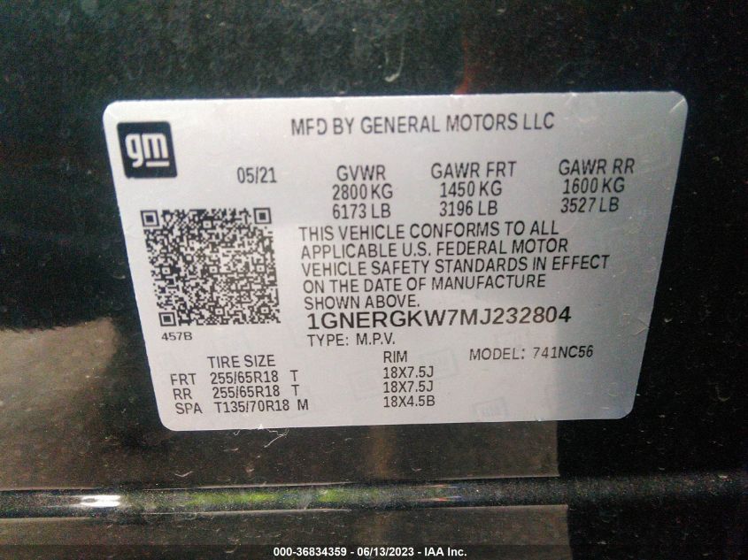 2021 CHEVROLET TRAVERSE LT - 1GNERGKW7MJ232804