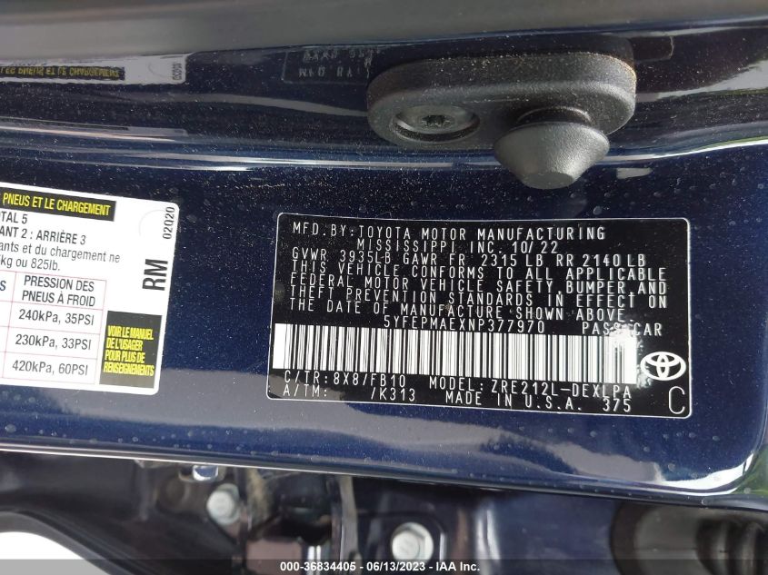 2022 TOYOTA COROLLA LE - 5YFEPMAEXNP377970