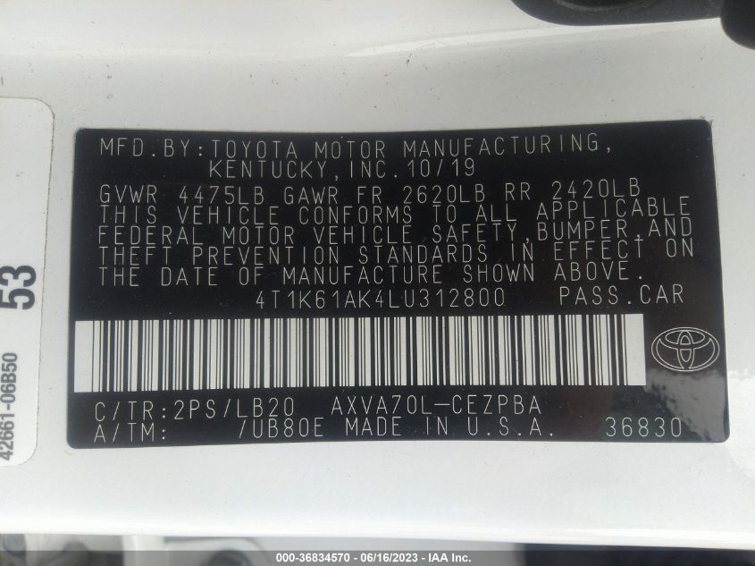 2020 TOYOTA CAMRY XSE - 4T1K61AK4LU312800