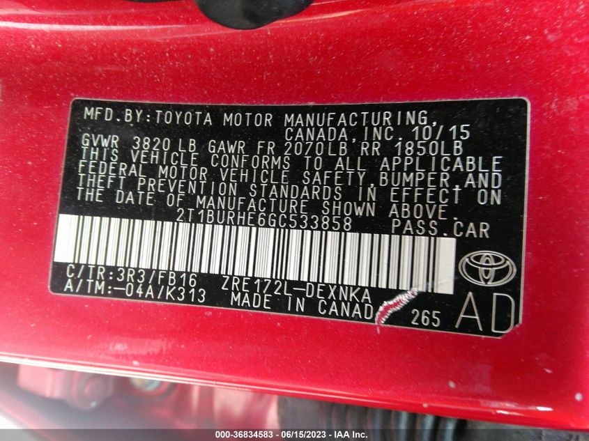 2016 TOYOTA COROLLA L/LE/S/S PLUS/LE PLUS - 2T1BURHE6GC533858