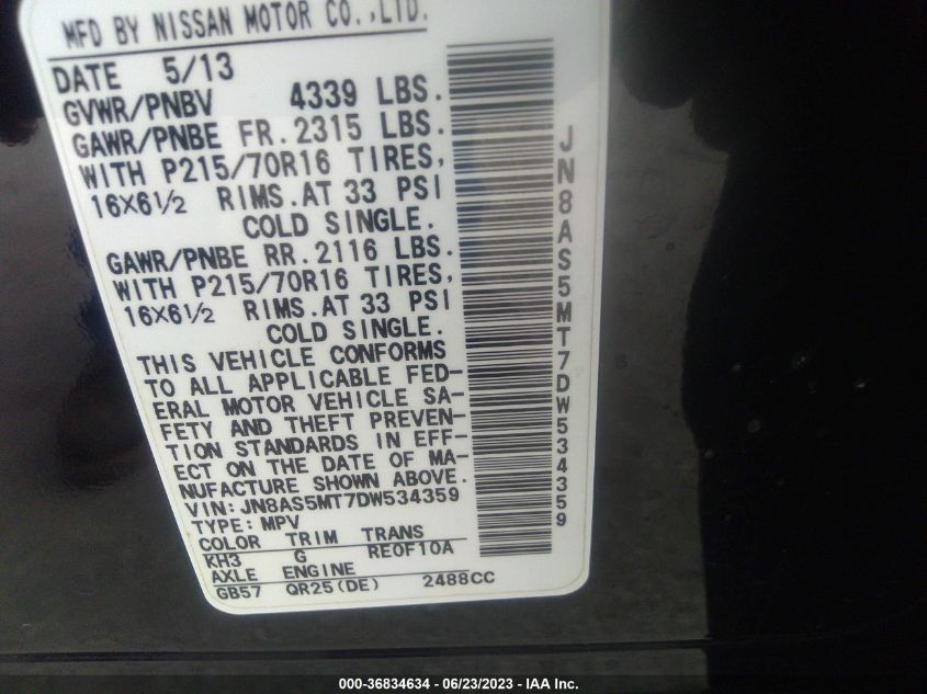 2013 NISSAN ROGUE S/SV/SL - JN8AS5MT7DW634359