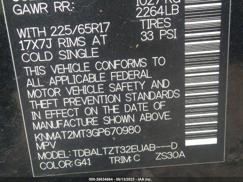 2016 NISSAN ROGUE S/SL/SV - KNMAT2MT3GP670980