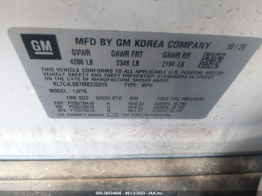 2021 CHEVROLET TRAX LT - KL7CJLSB7MB335015
