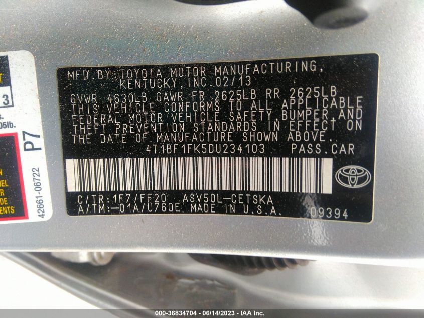 2013 TOYOTA CAMRY L/LE/SE/XLE - 4T1BF1FK5DU234103